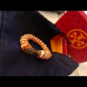 Tory Burch Orange White Beaded Bracelet w/ gold logo accent 7 inches, no stretch